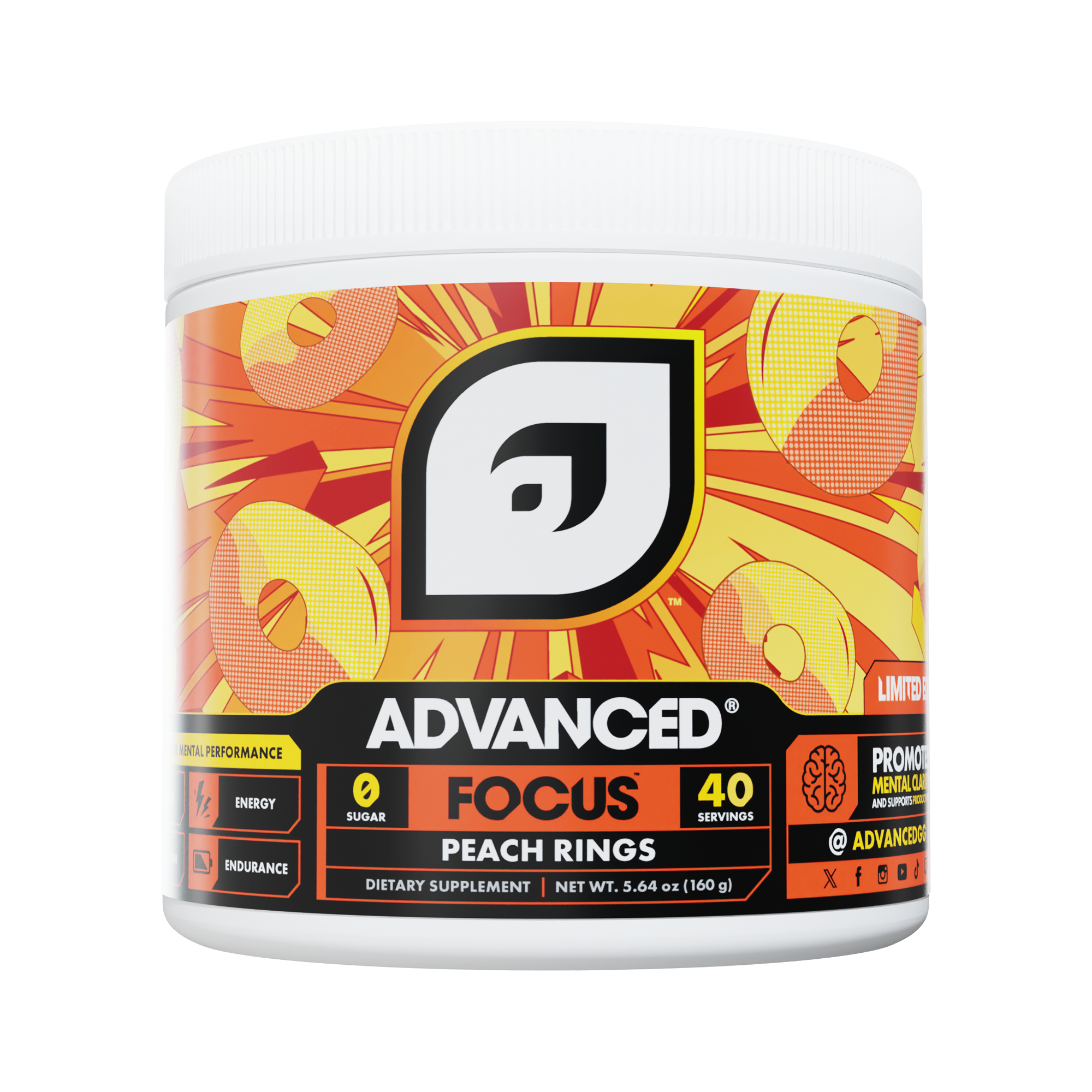 ADVANCED FOCUS Peach Rings jar, a caffeine-free alternative to Ghost Gamer Non-Stim