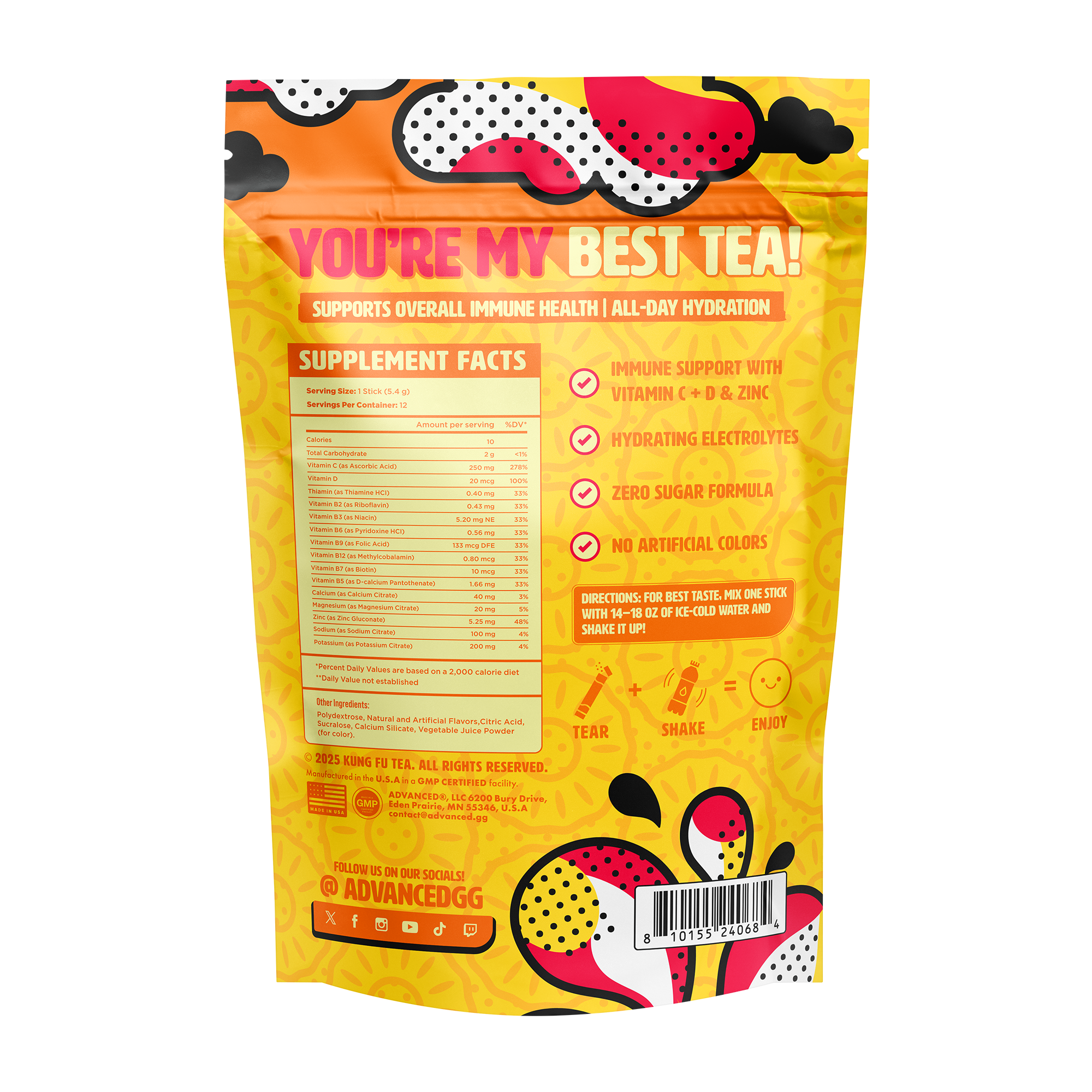 Immunity+ Hydration Kung Fu Tea Sunshine Pineapple Tea Stick Packs