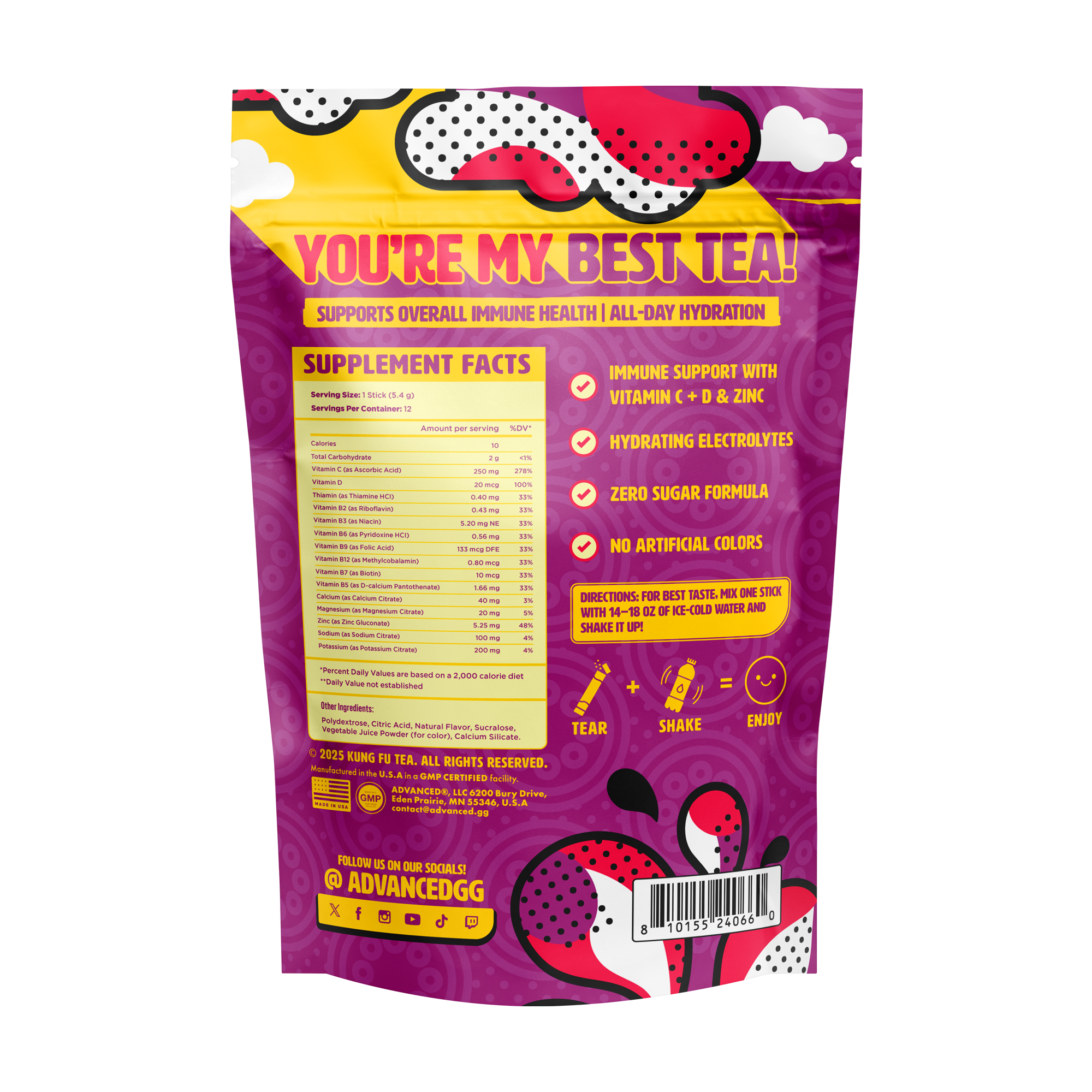 Immunity+ Hydration Kung Fu Tea Passionfruit Green Tea Stick Packs