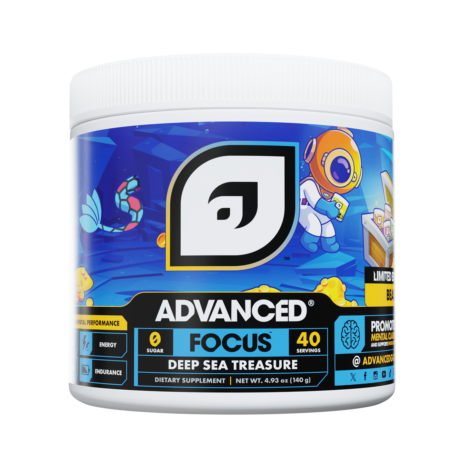 ADVANCED FOCUS jar showing the open label with L-Arginine HCl and Myo-Inositol