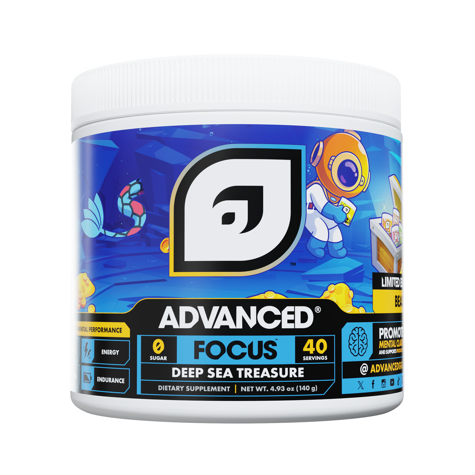 ADVANCED FOCUS jar showing the open label with L-Arginine HCl and Myo-Inositol