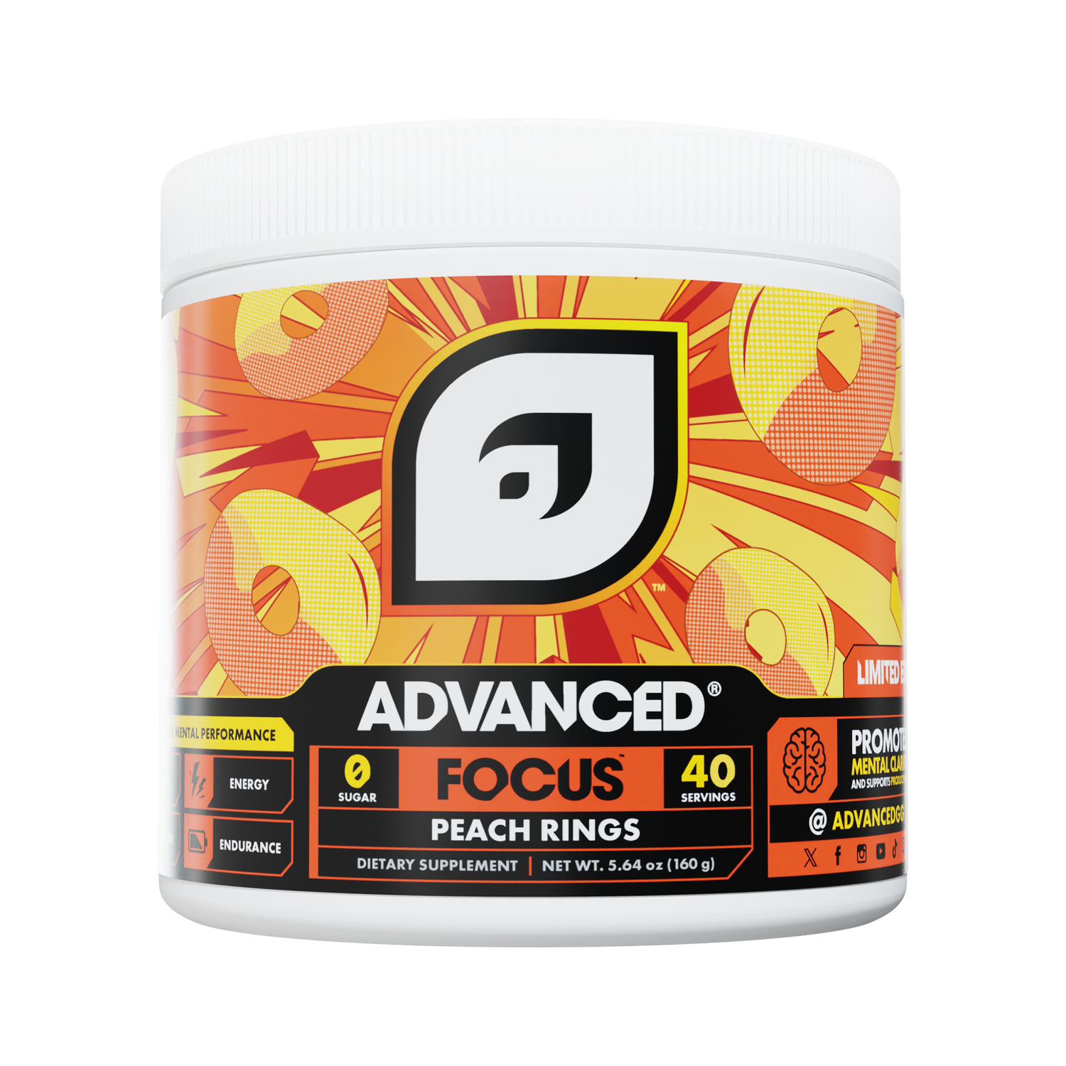ADVANCED FOCUS Peach Rings jar, a caffeine-free alternative to Ghost Gamer Non-Stim