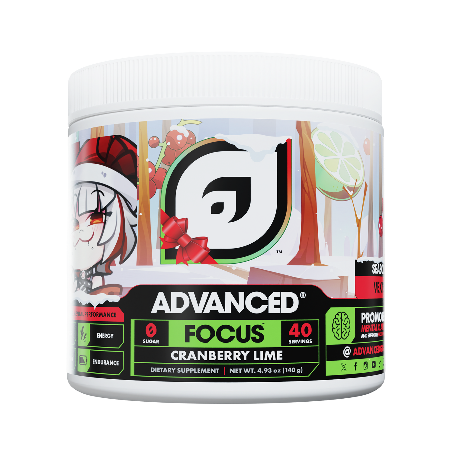 ADVANCED FOCUS Cranberry Lime jar, available in a caffeine-free version