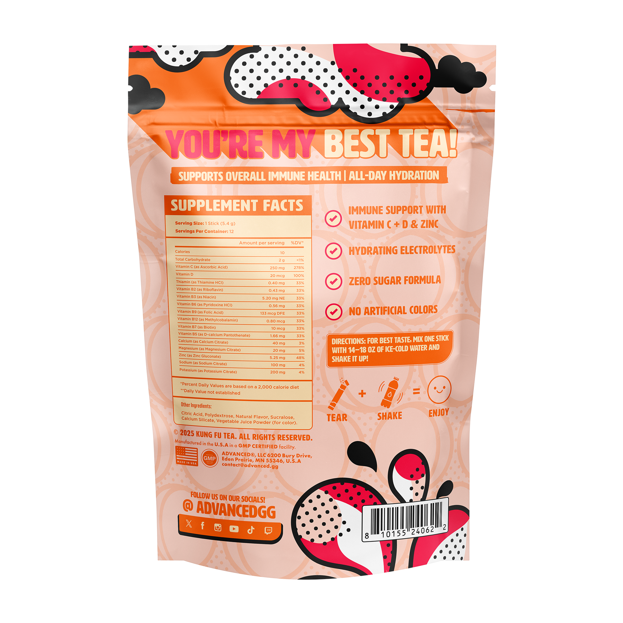 Immunity+ Hydration Kung Fu Tea Peach Oolong Tea Stick Packs