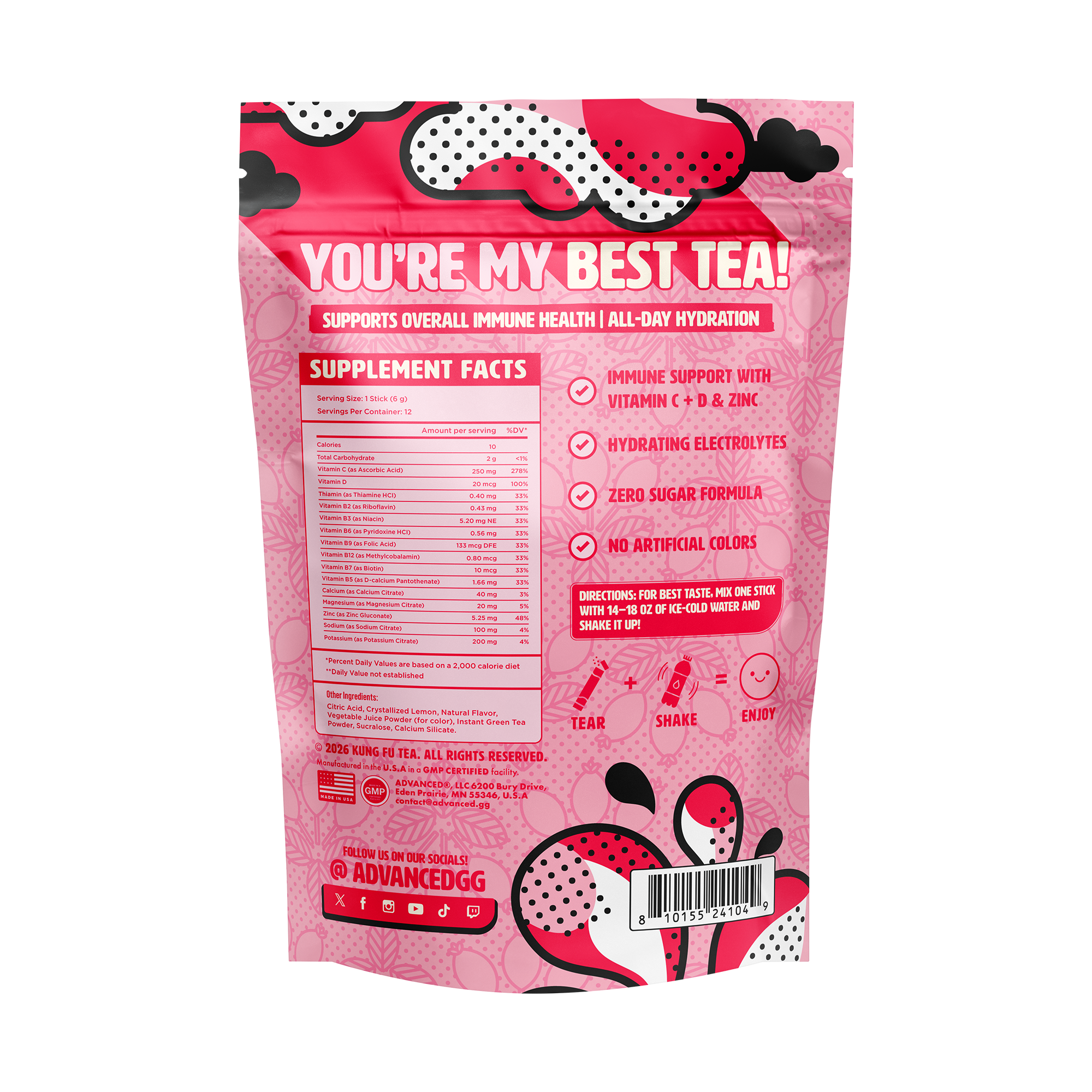 Immunity+ Hydration Kung Fu Tea Rosehip Lemonade Stick Packs