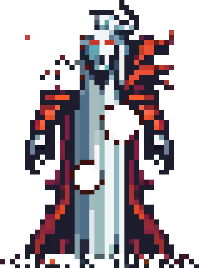 Pixel art raid boss Veydrak with heavy battle damage